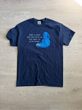 Classic Black Graphic Tee with Blue Print - Beer Quote